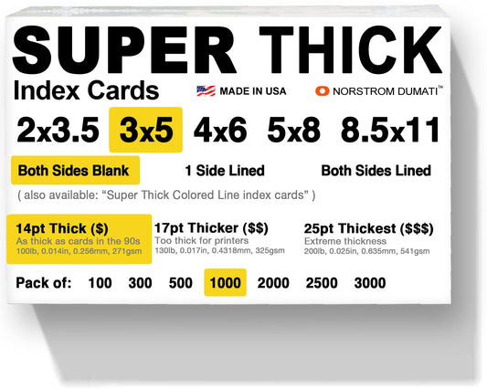 1,000 SUPER THICK index cards / 3"x5" / 14pt (0.014") 100lb / blank un-ruled/archival acid-free in