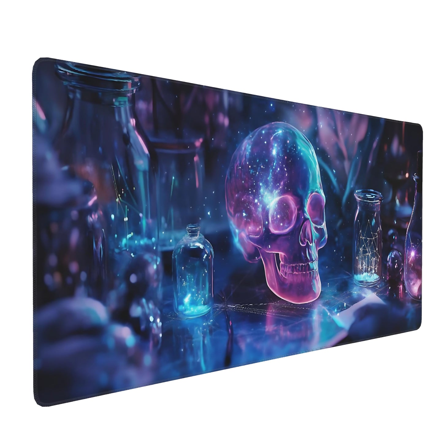 Aesthetic Skull Gaming Mouse Pad, Deep Blue Cyber Desk Mat with Anti-Slip Base & Stitched