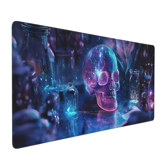 Aesthetic Skull Gaming Mouse Pad, Deep Blue Cyber Desk Mat with Anti-Slip Base & Stitched