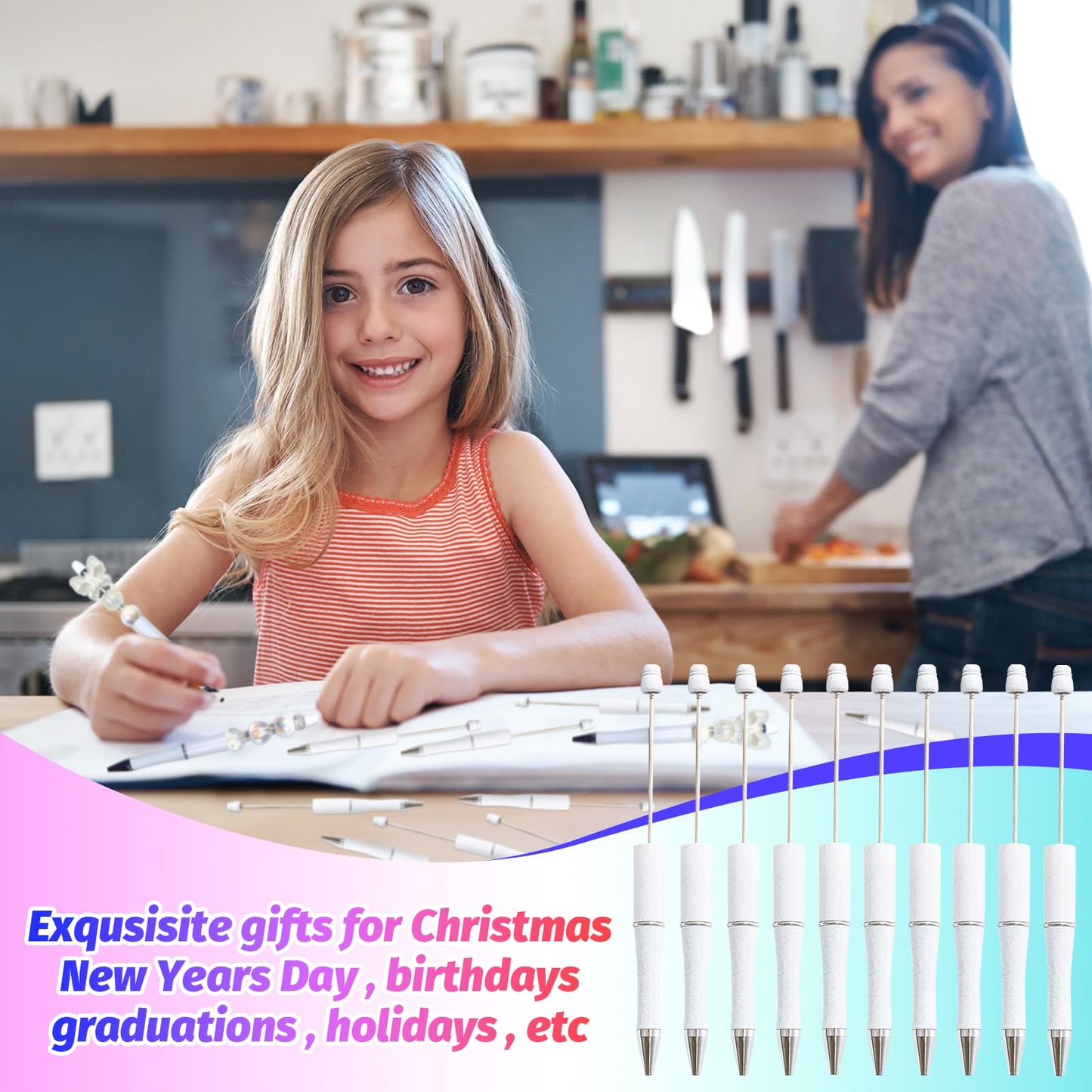 DASTTUIS 150 Pieces DIY Beadable Pen Kit – 50 Plastic Ballpoint Pens with Refills & Bags – School