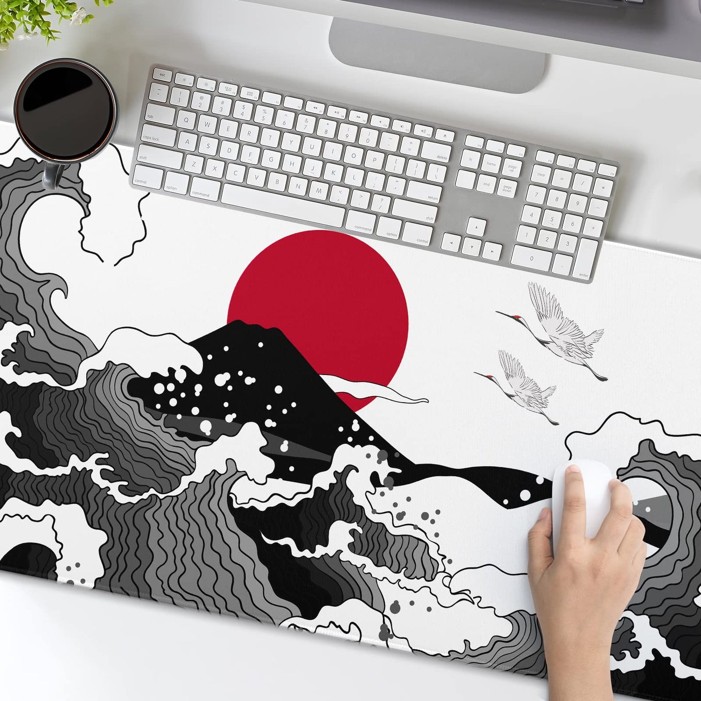 Japanese Red and Black Wave Mouse Pad 35.4 X 15.7 Inch Extended Large Cool Mouse Mat Non-Slip