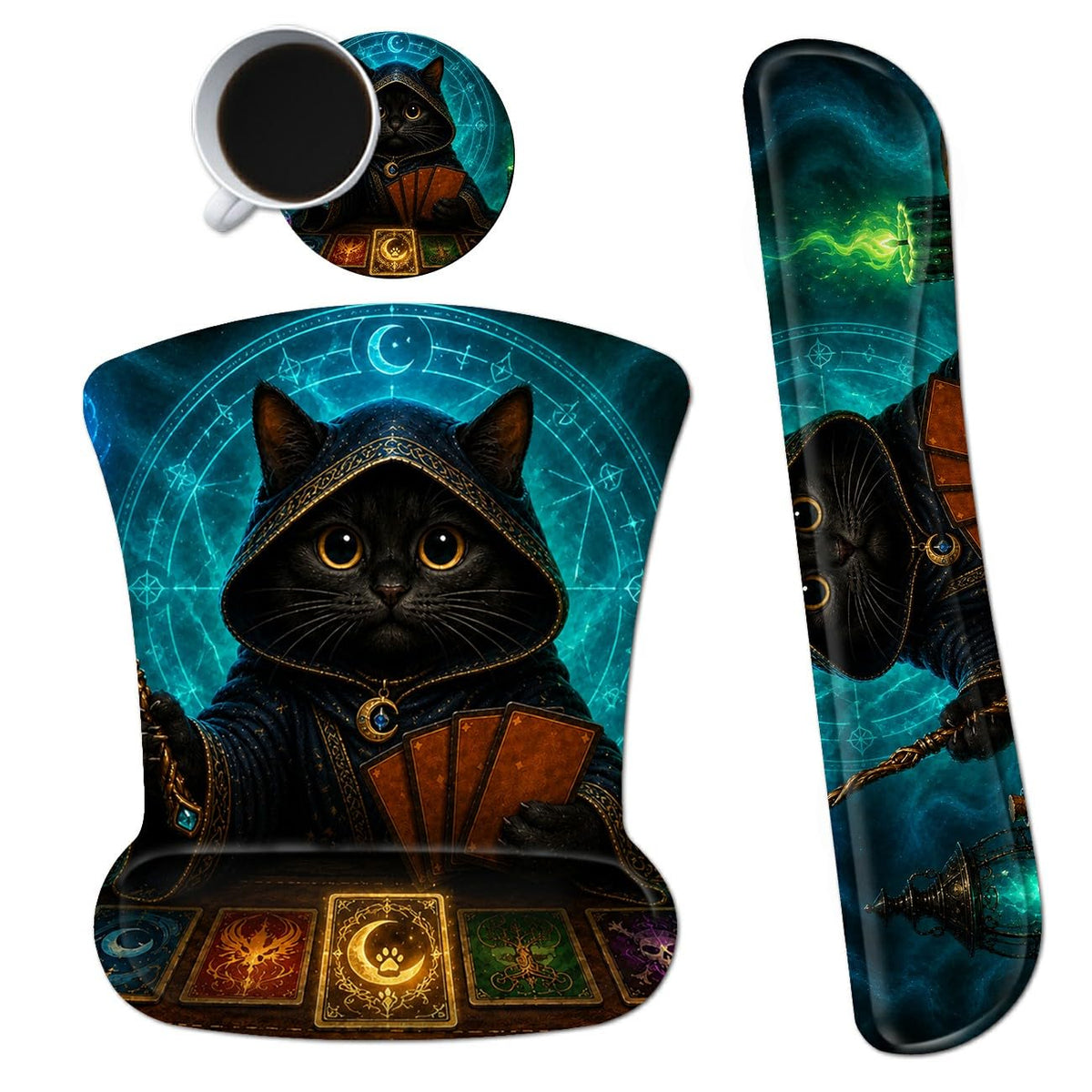 3-in-1 Ergonomic Memory Foam Keyboard Wrist Rest Pad Set, Flame Cat