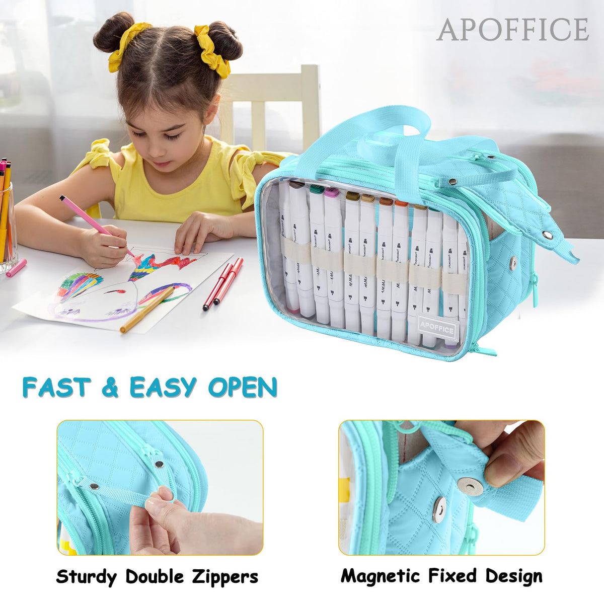 APOFFICE Marker Organizer Case – Holds 72-96Markers | Portable Art Marker Storage Bag with Clear