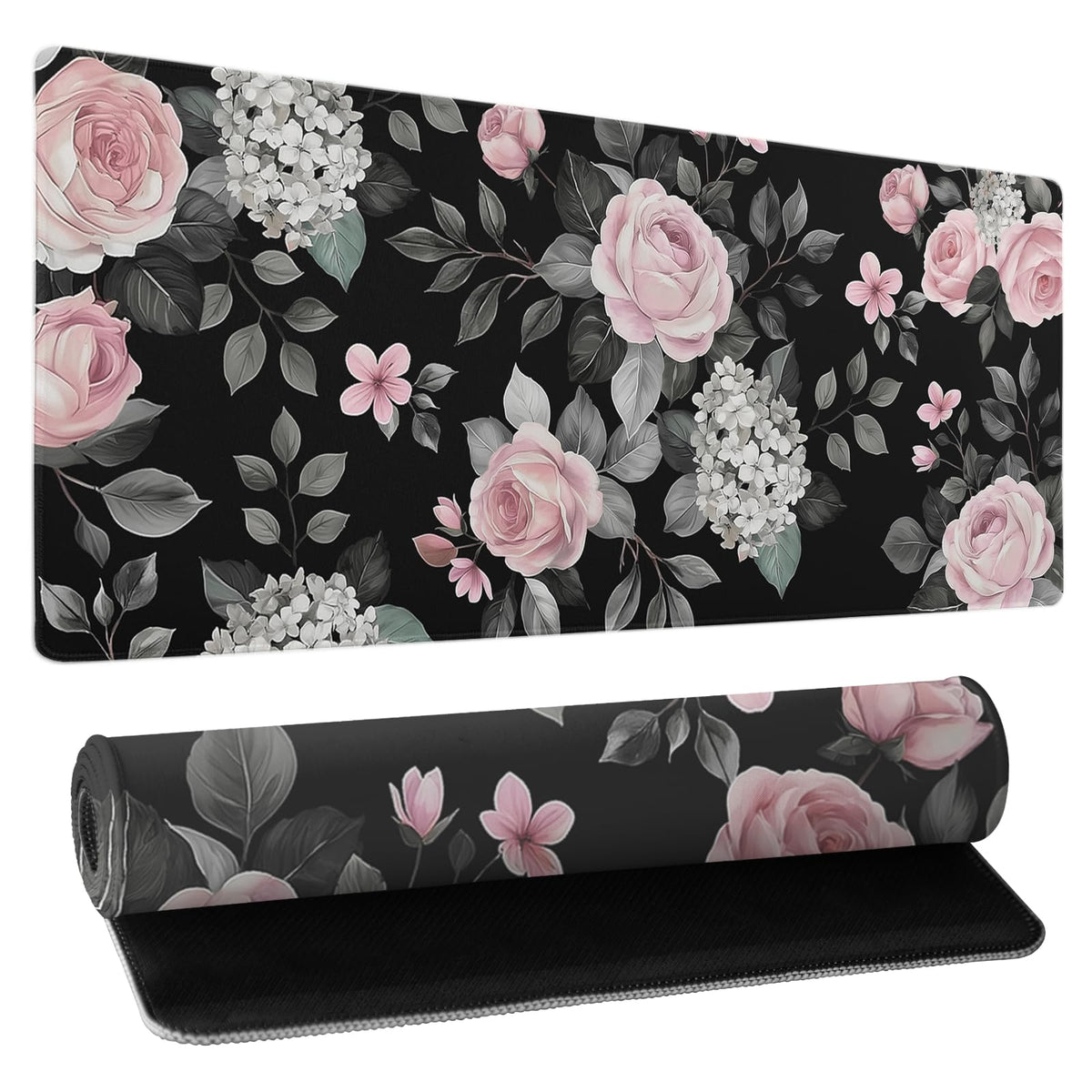 Floral Extended Gaming Mouse Pad Non-Slip Rubber Base Black Large Mousepad 35.4×15.7in with