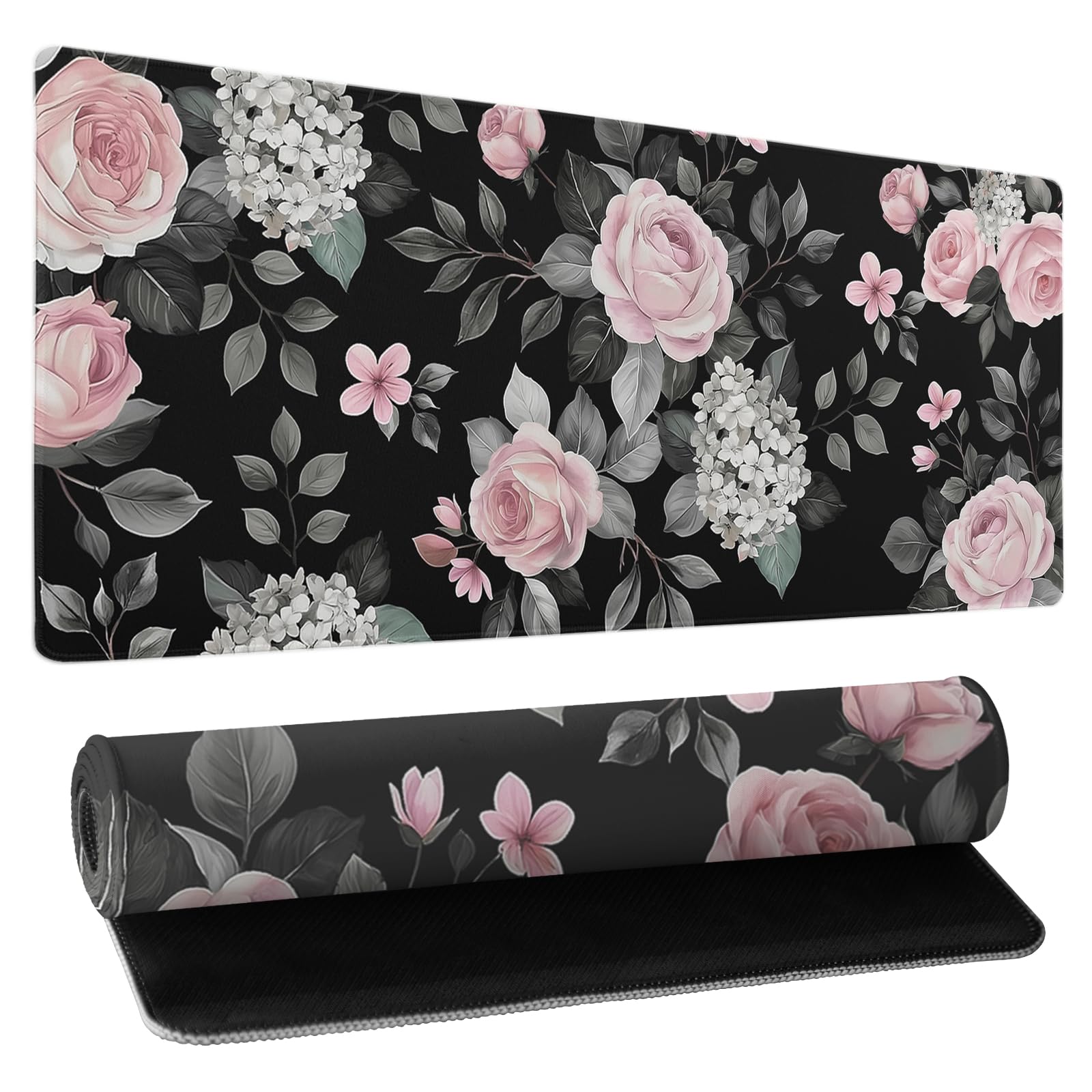 Floral Extended Gaming Mouse Pad Non-Slip Rubber Base Black Large Mousepad 35.4×15.7in with