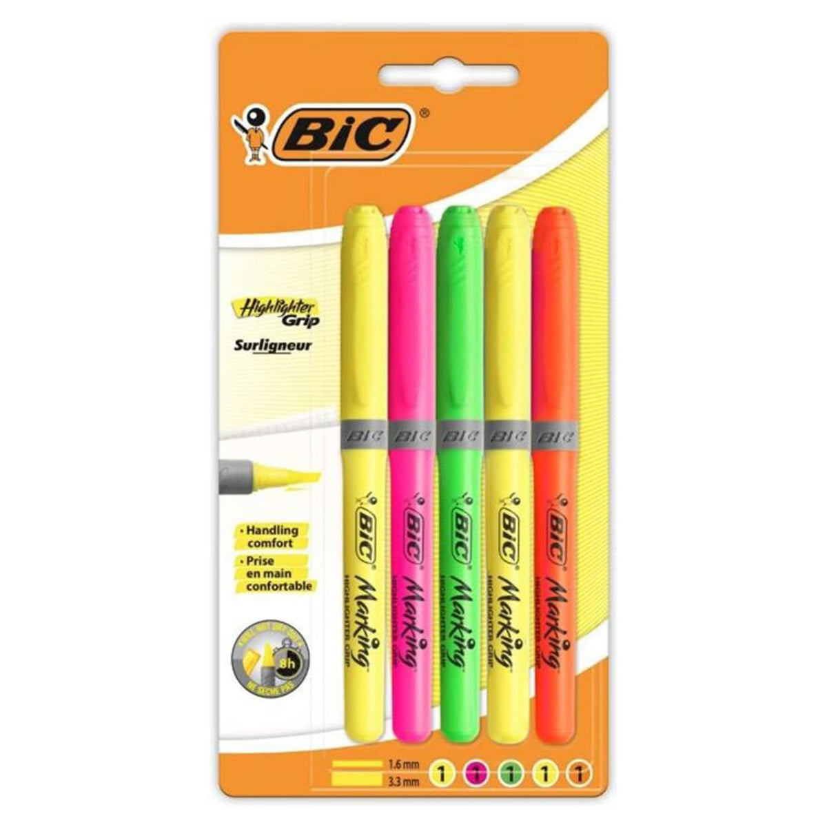 BiC Highlighter Grip, Highlighter Pens with Chisel Tip, Long-Lasting, Ideal for School and Office