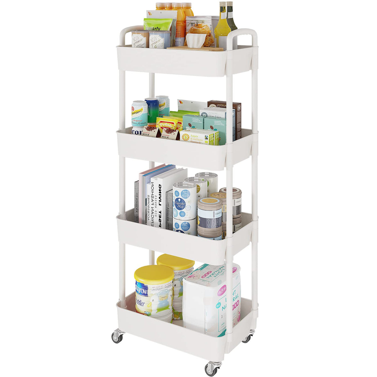 4 Tier Rolling Cart with Wheels, Utility Storage Carts,White