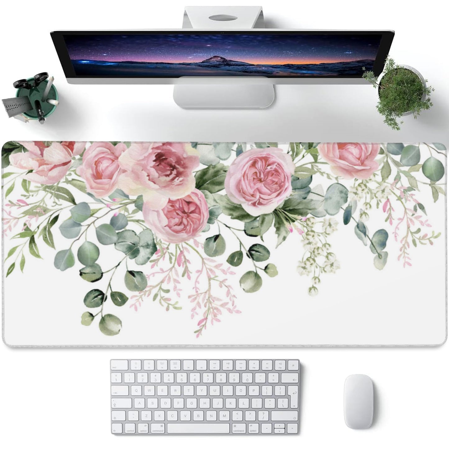 Desk Mat,Peony Flowers and Eucalyptus Leaves Large Gaming Mouse Pad for Desk XXL,Pink Floral Desk