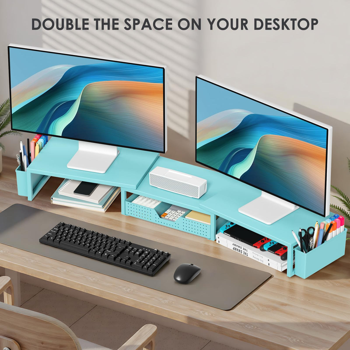 Desk Organizers and Accessories, Dual Monitor Stand Riser with Drawer and 2 Pen Holders, Desk Shelf