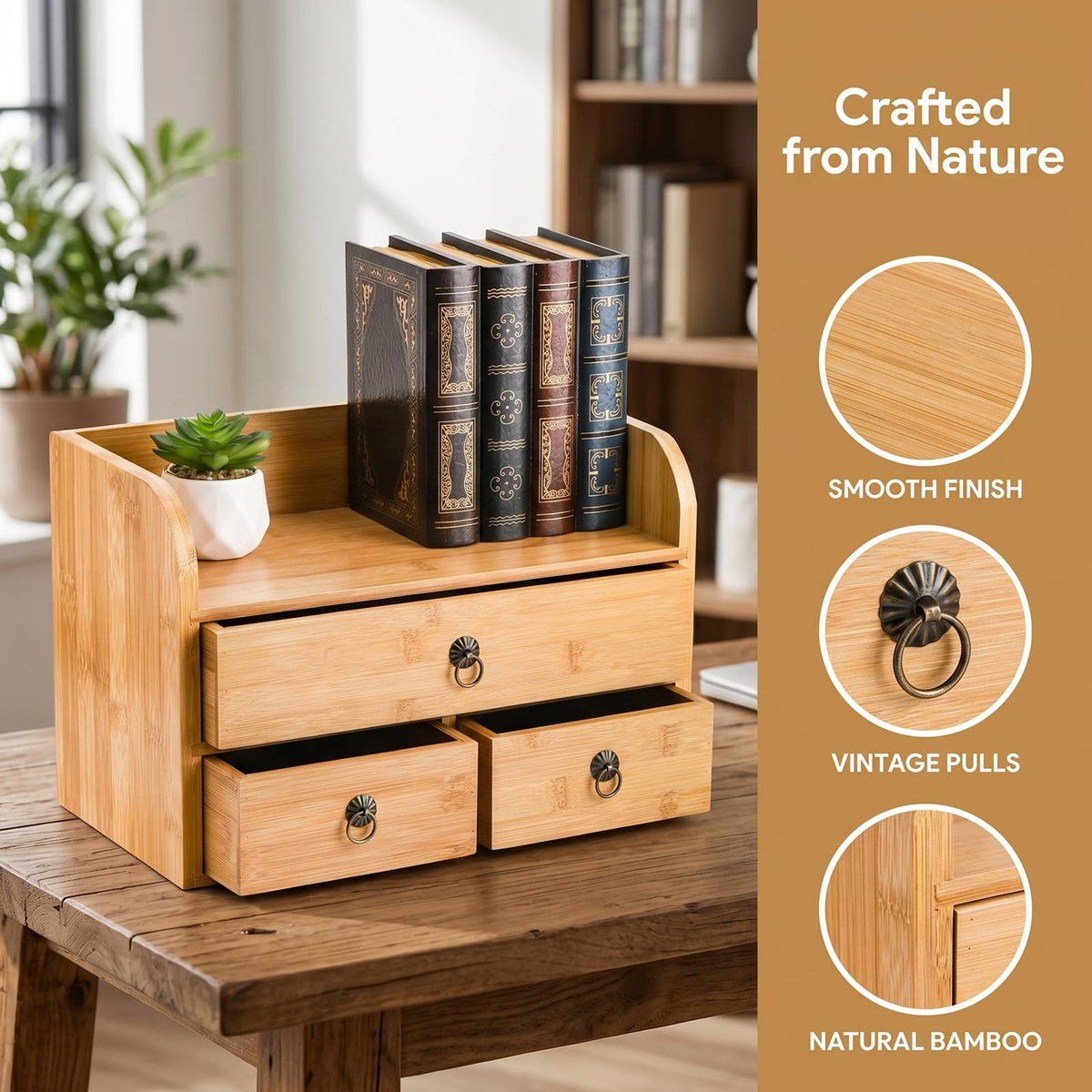Nicunom Bamboo Desk Organizer, 3-Tier Bamboo Tabletop Storage Organization Multifunctional Desktop