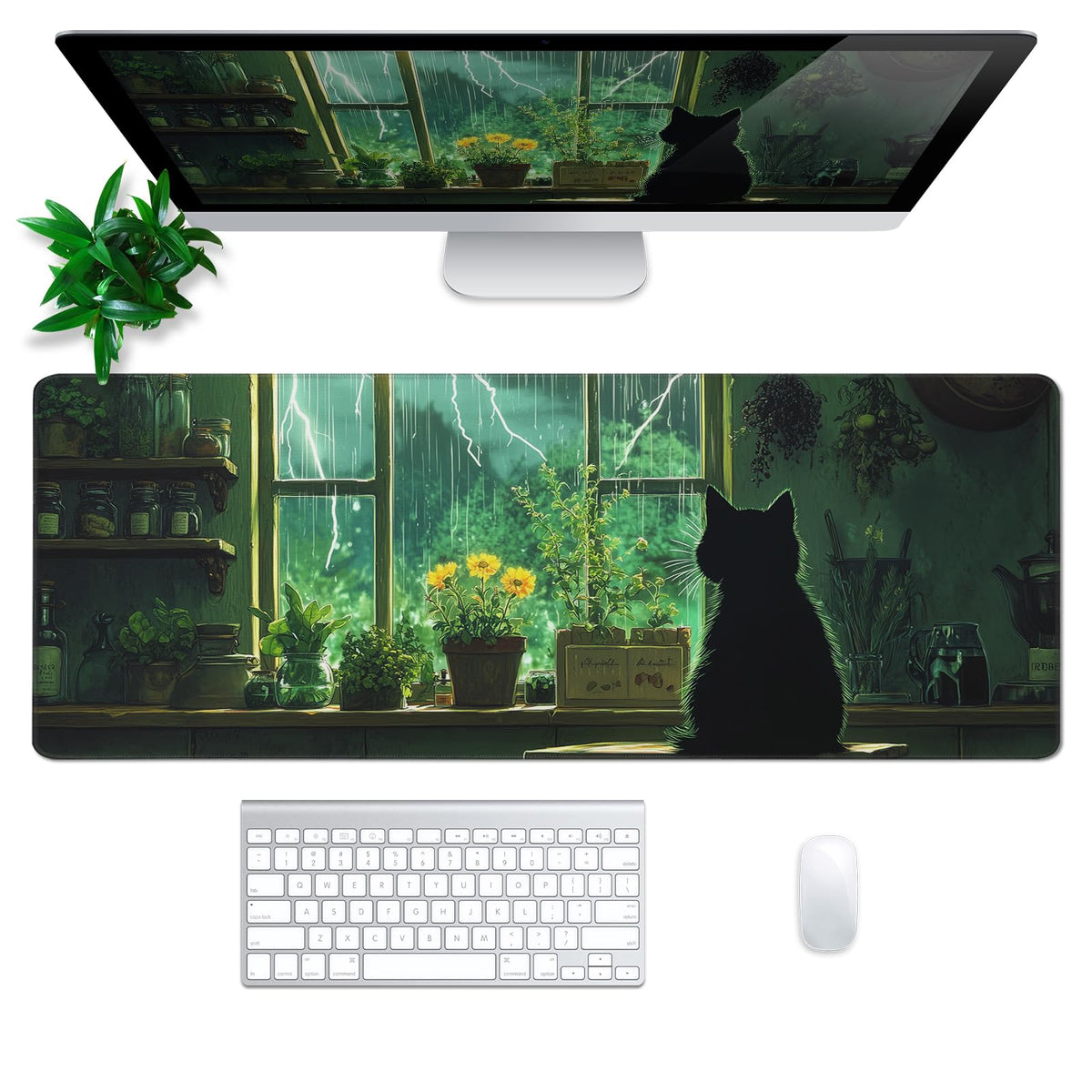 Green Black Cat Mouse Pad Abstract Green Mouse Pad 31.5x11.8 Inch Cat Texture Non-Slip Rubber Base