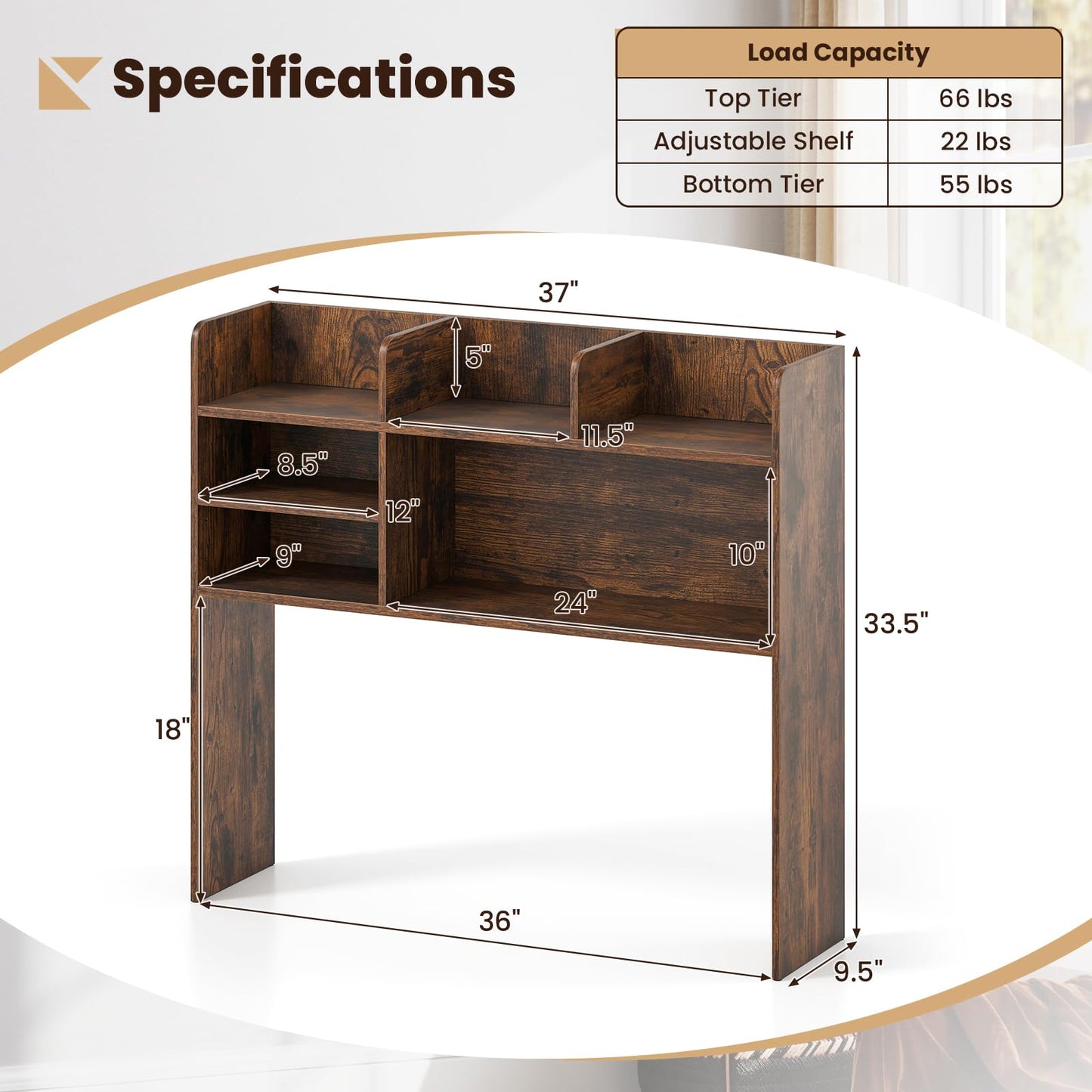 GIANTEX Desktop Bookshelf, 37" Desk Hutch Dorm for Computer Up to 32 Inch, Countertop Hutch w/6