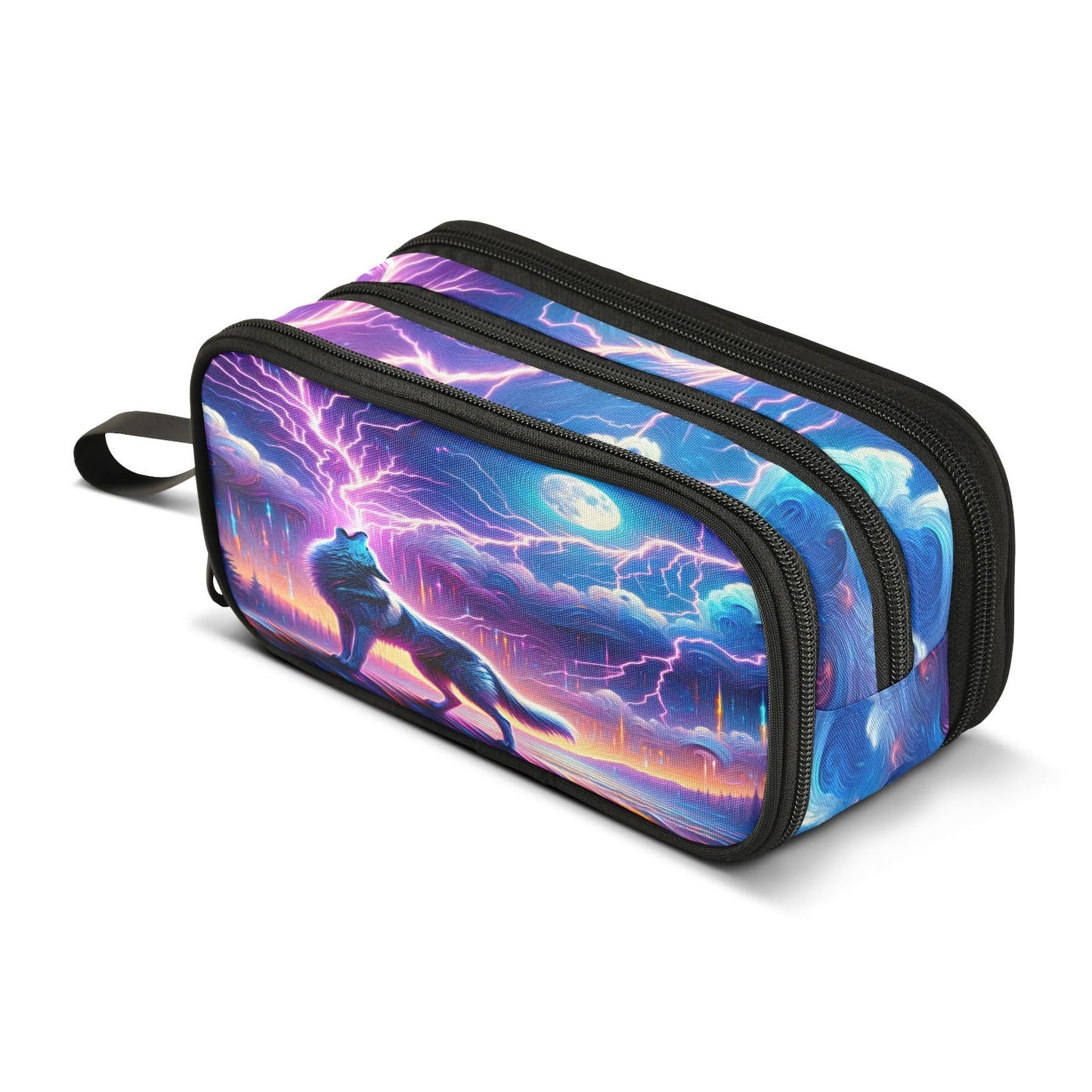 Wolf Howling Moon Lightning Pencil Case Box Boys Girls Large Pencil Pouch with Zipper Compartments