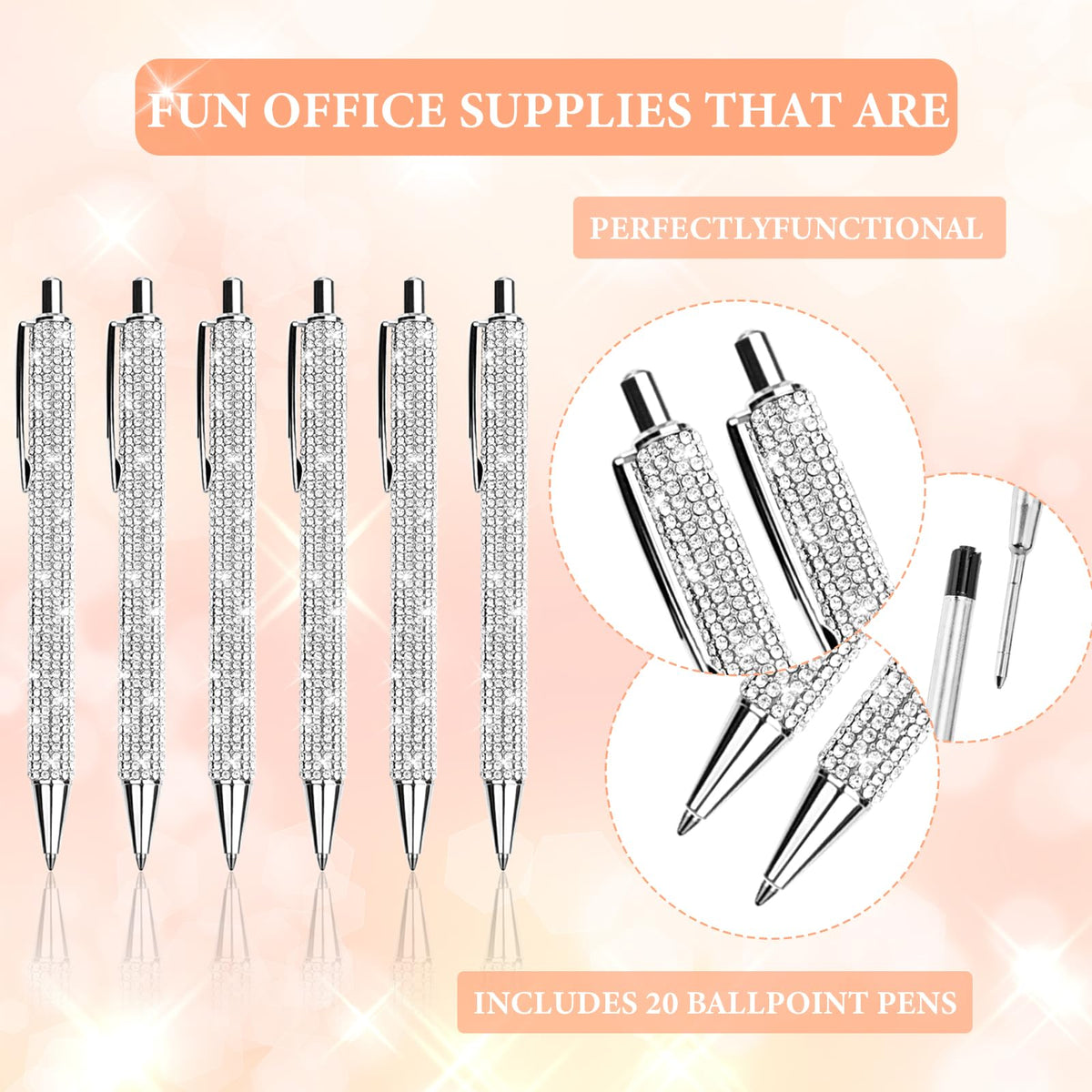 ZSMKJIAYE 20Pcs Rhinestone Metal Ballpoint Pens Bling Pens Bulk Fancy Sparkly Crystal Diamond Pens