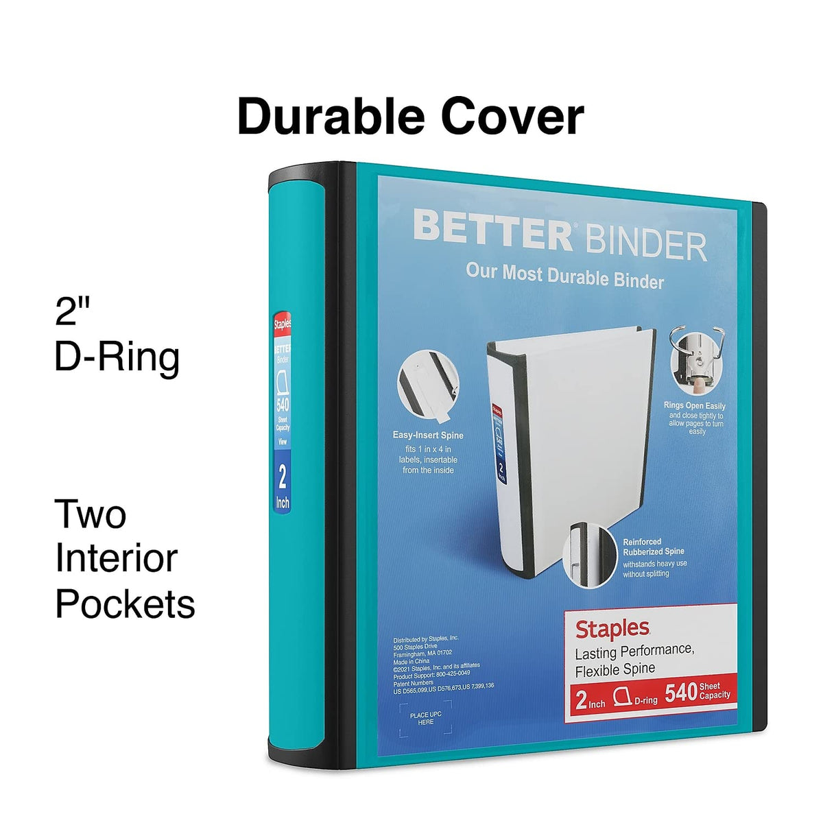 Staples Better 2-Inch D-Ring 3-Ring Binder, Teal, 540 Sheets