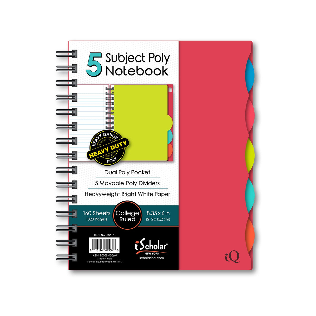 iScholar 5 Subject Poly Cover Double Wire Notebook, 8.35 x 6 Inches, Cover Color May Vary