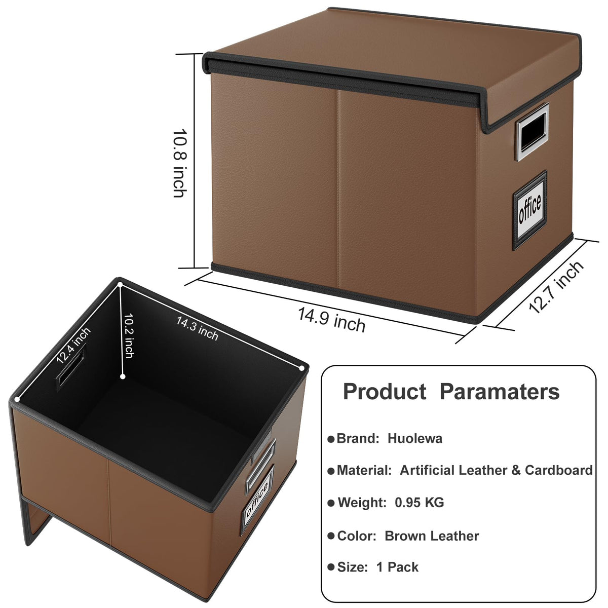 Huolewa Foldable File Organizer Box with Lids (1 Pack, Brown, Leather)