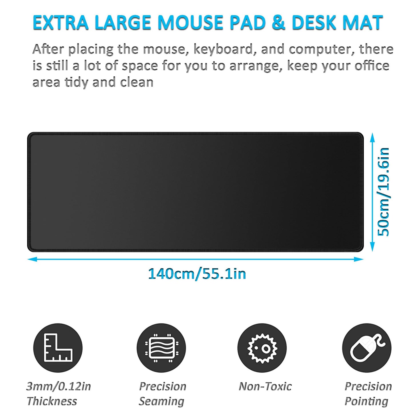 LL-COEUR Black Oversized Gaming Mousepad 55.1x19.6x0.12inch, XXL Long Waterproof Computer Laptop