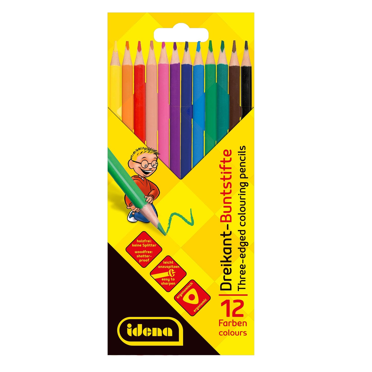 Idena 20133 Colouring Pencils in 12 Colours, Wood-Free Coloured Pencils in Ergonomic Triangle