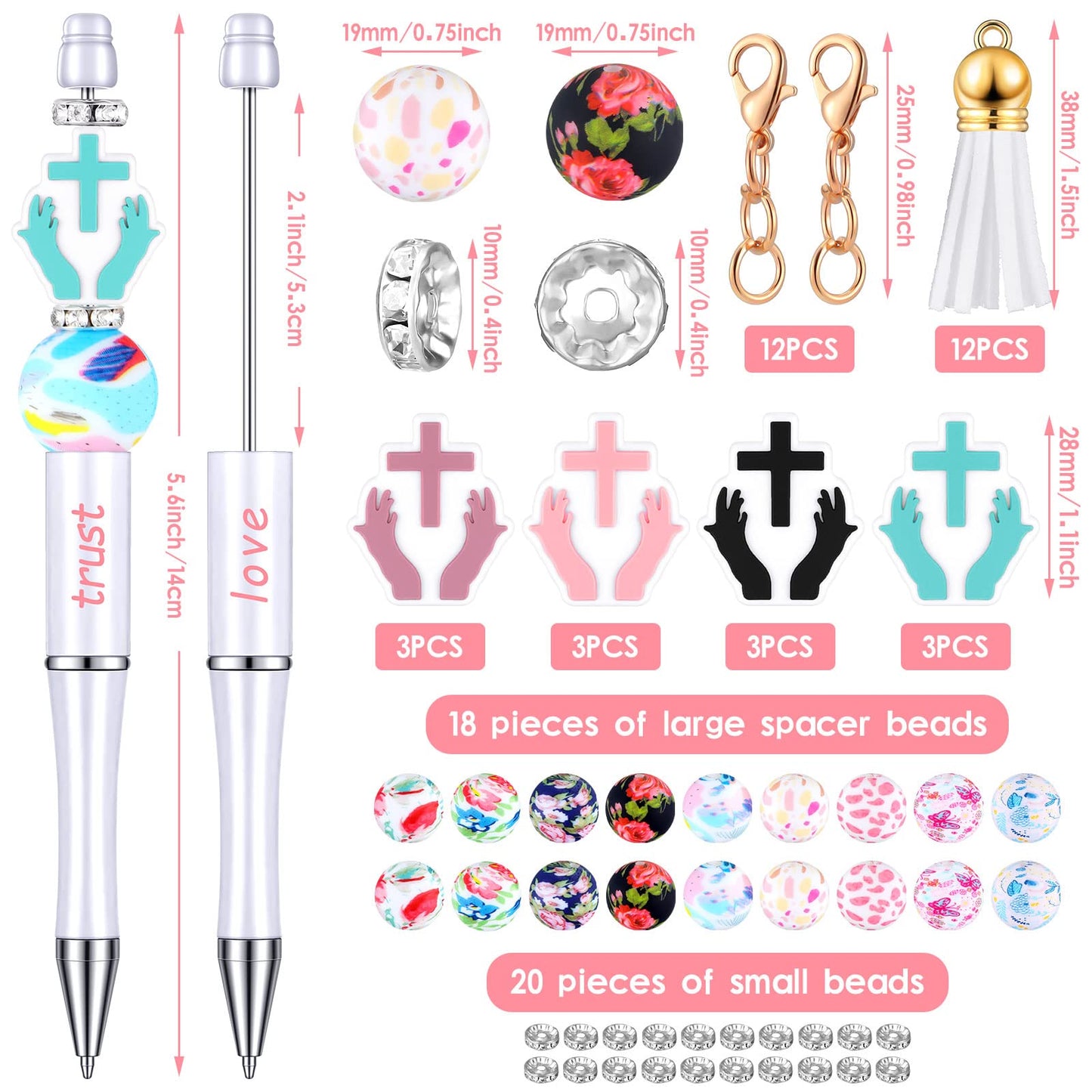 Teling 12 Sets Inspirational Beadable Pens Black Ink Ballpoint Beaded Pen