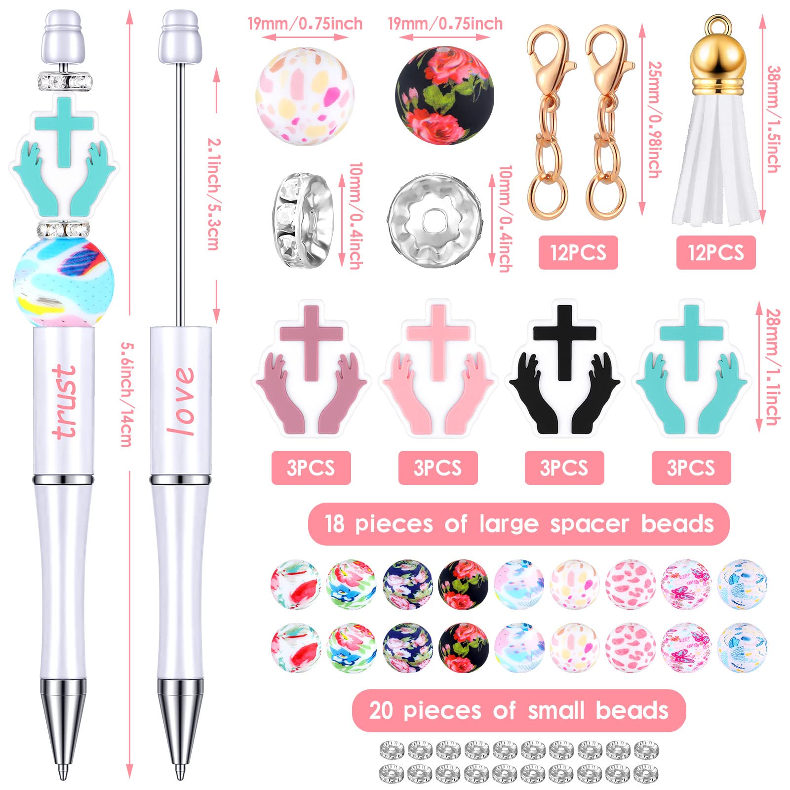 Teling 12 Sets Inspirational Beadable Pens Black Ink Ballpoint Beaded Pen