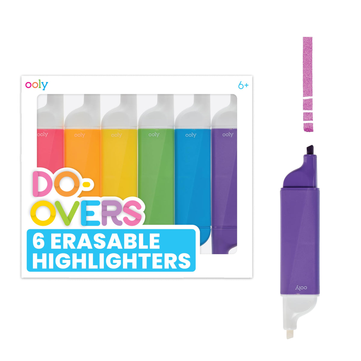 OOLY Do-Overs Erasable Highlighters [Set of 6] - Chisel Tip-for Note Taking, Drawing, Art Supplies