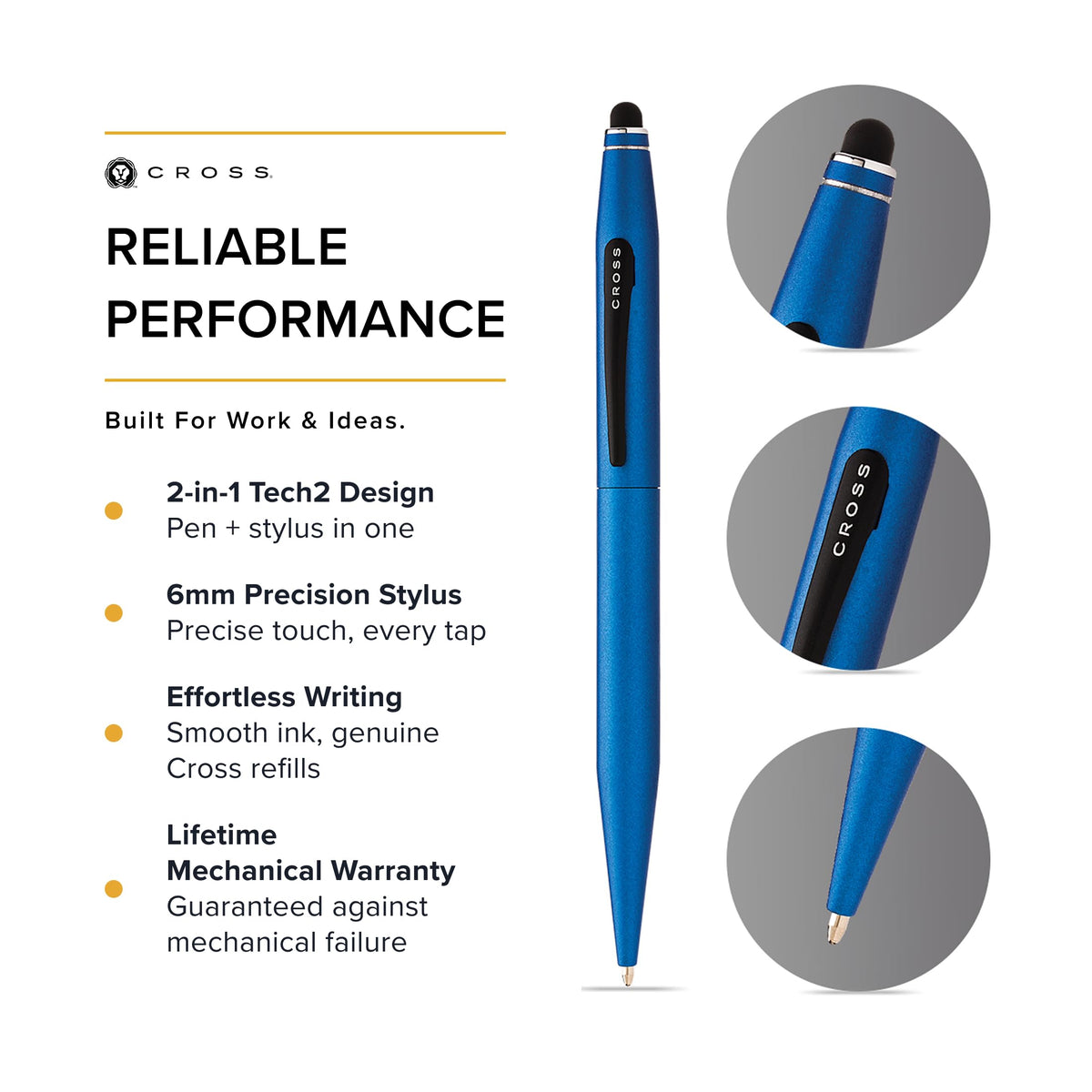 Cross Tech2 Metallic Blue Ballpoint Pen, Medium Point, Black Ink