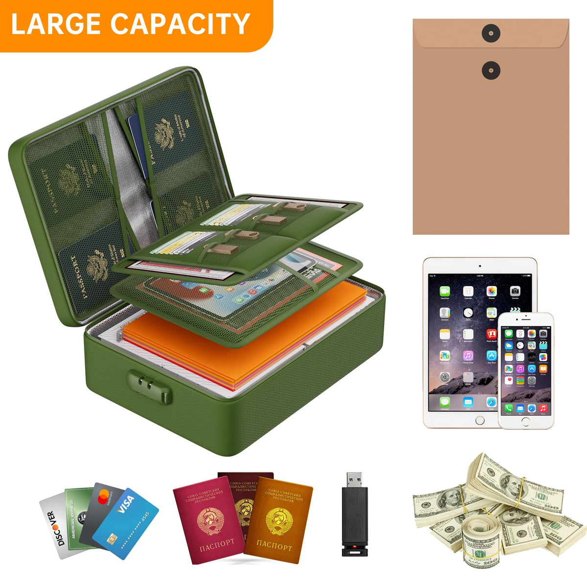 DocSafe 5200°F Fireproof Document Organizer Box with Lock, Green (Soft)