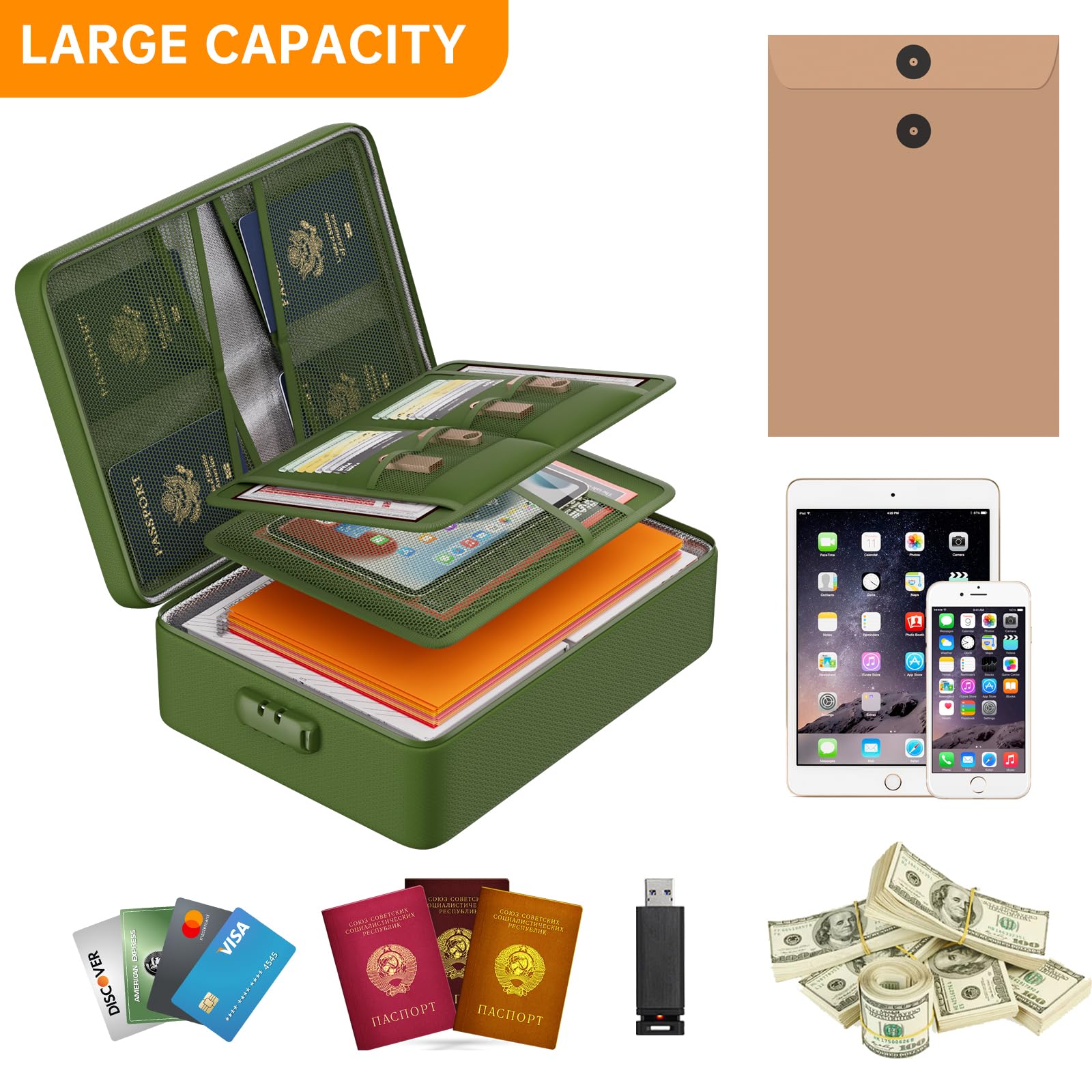 DocSafe 5200°F Fireproof Document Organizer Box with Lock, Green (Soft)