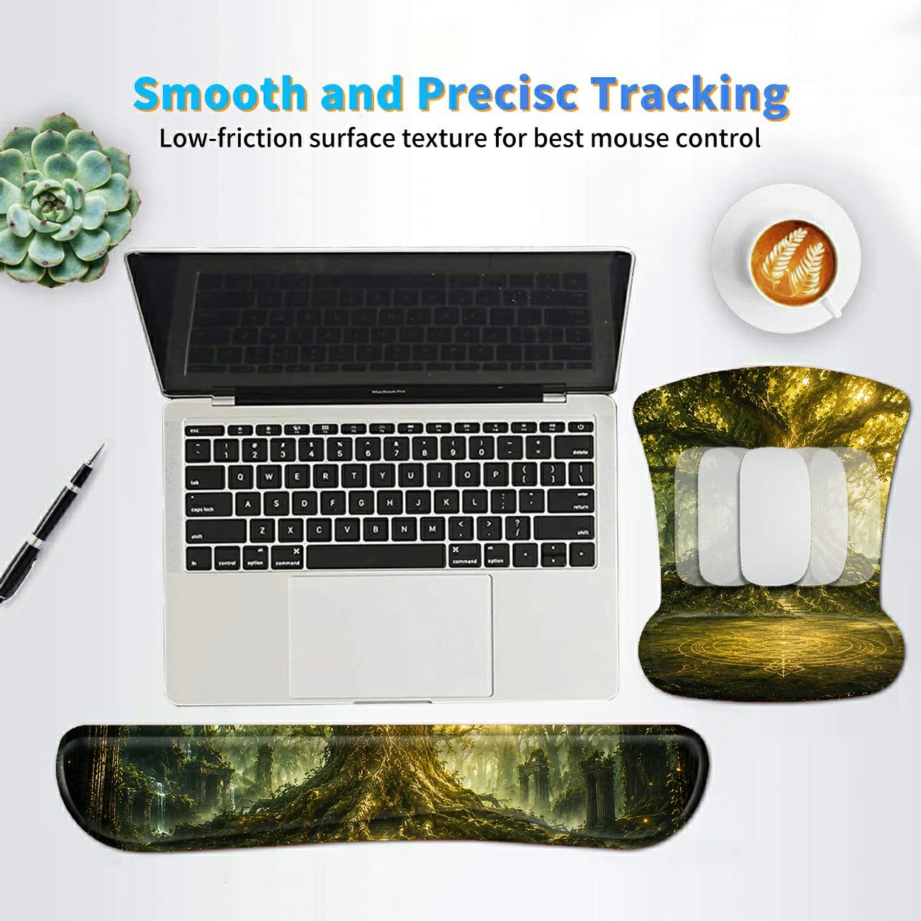 3-in-1 Ergonomic Memory Foam Keyboard Wrist Rest Pad Set, Forest Trees