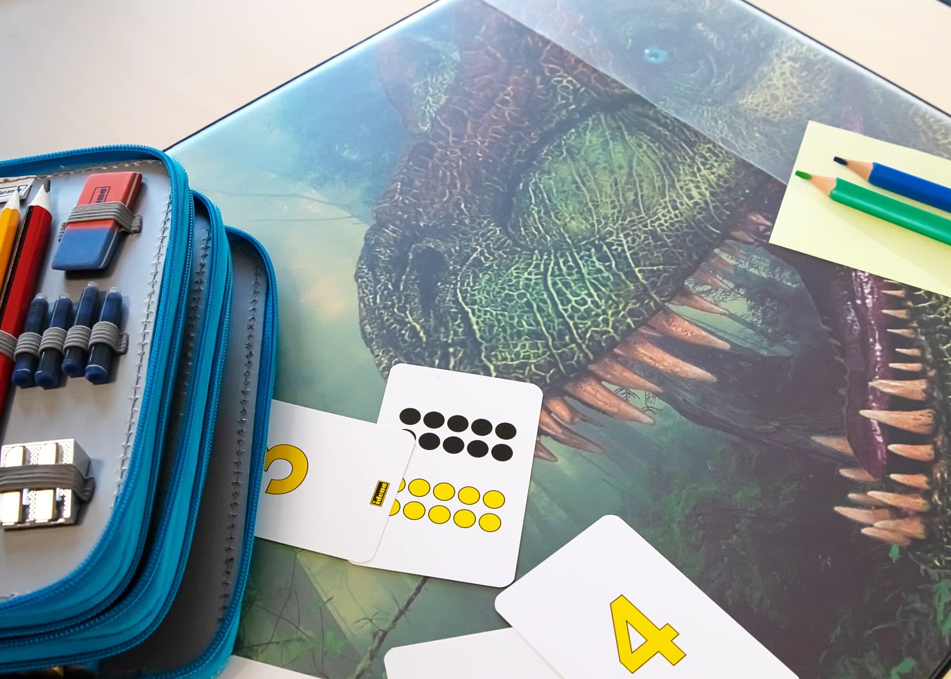 Idena 10452 Desk Mat with Two Pockets, Dinosaur, Approx. 58.5 x 38.5 cm, Practical Accessory for