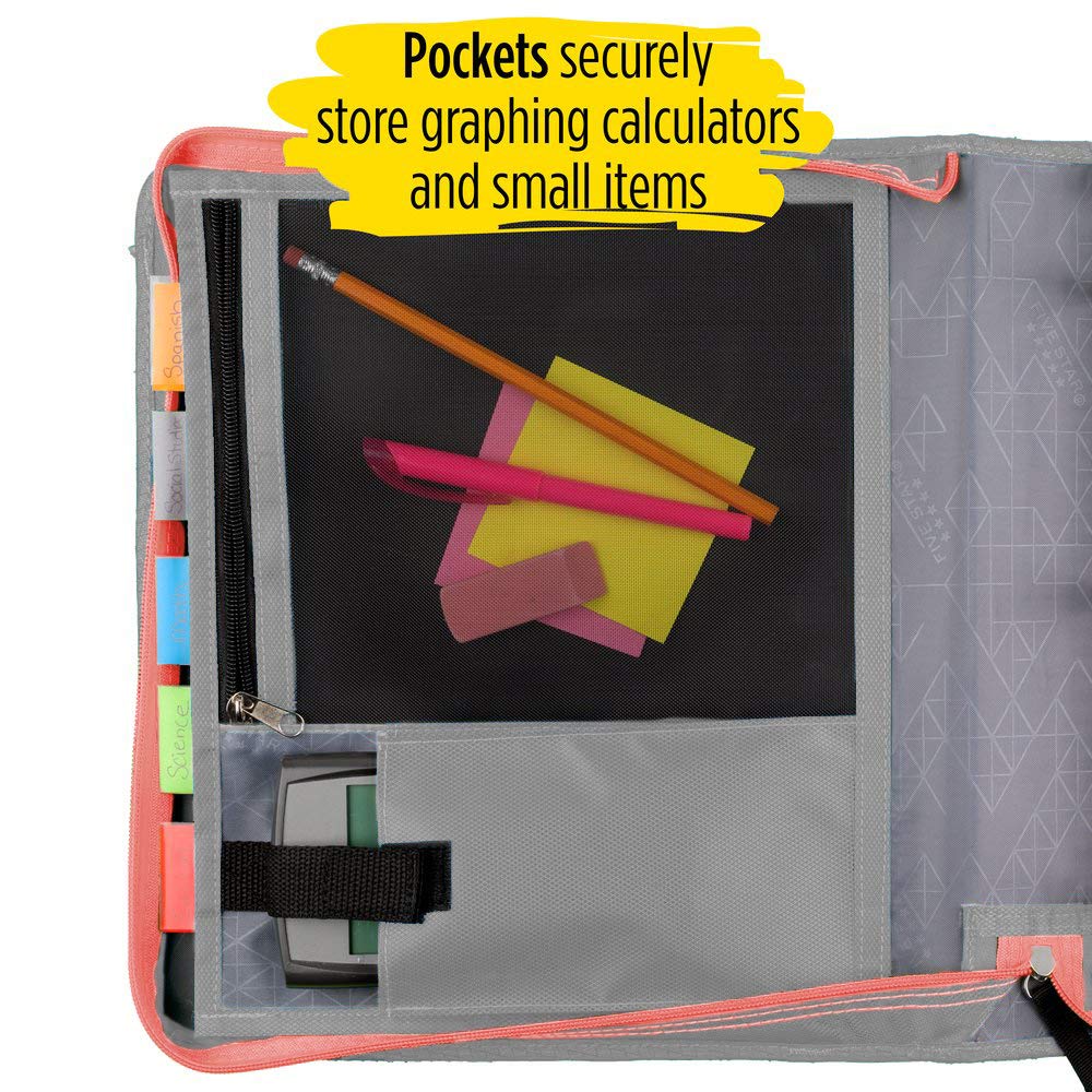 Five Star 2 Inch Zipper Binder, 3 Ring Binder, Expansion Panel, Durable, Gray/Bright Coral