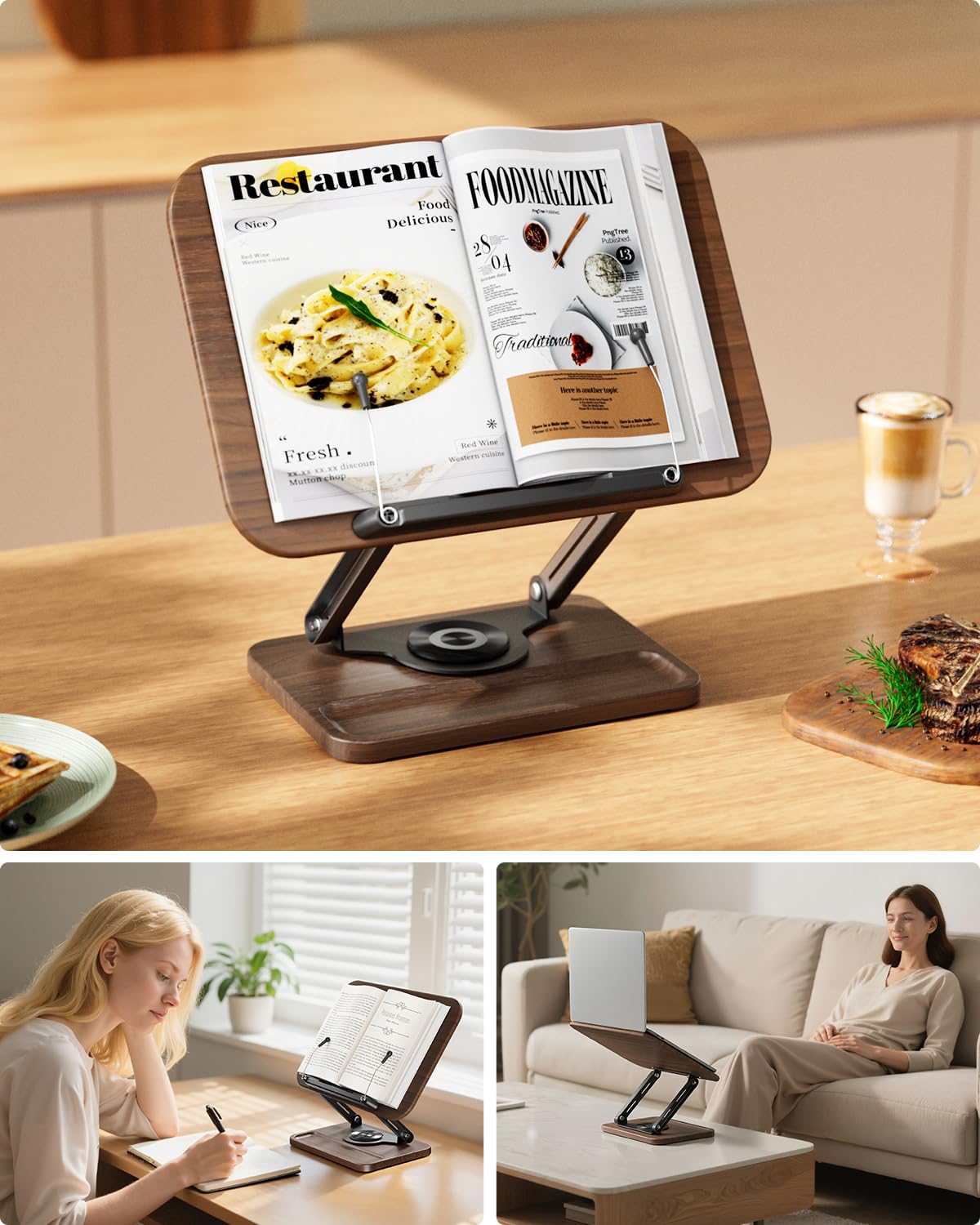 Viozon Book Stand for Reading, Book Holder 360° Rotating Base with Pen Slot, Foldable Reading