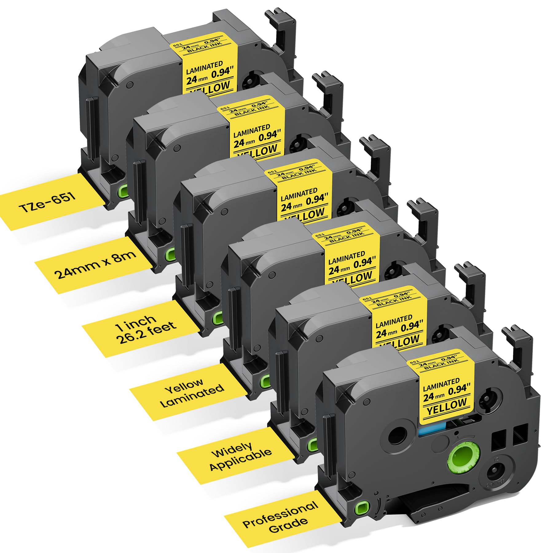 6-Pack Replace for Brother Label Maker Tape 24mm Yellow Laminated TZe-651