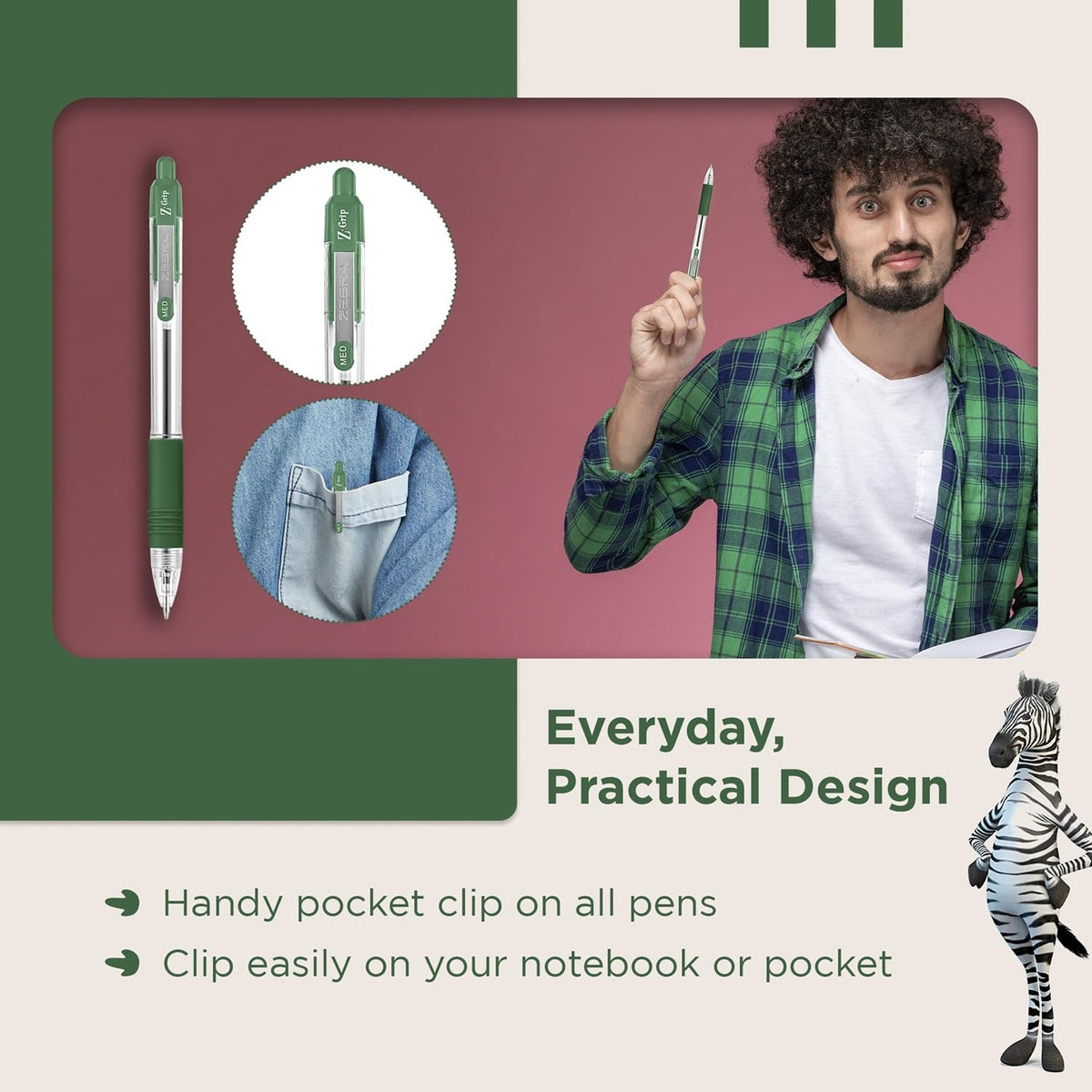 Zebra Pen Z Grip Green Pens Ballpoint, Smooth & Comfortable Pens With Pocket Clip, Retractable