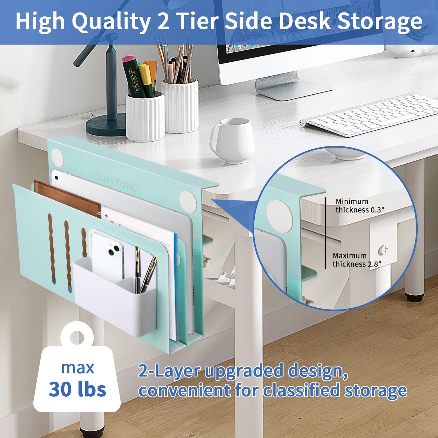 LUKETURE Desk Side Storage, 2 Tie Laptop Holder No Drill Clamp On Organizer
