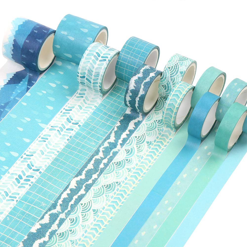 CCINEE 12 Rolls Washi Tape Set,Blue Decorative Masking Tape Assortment for Planner Bullet Journal