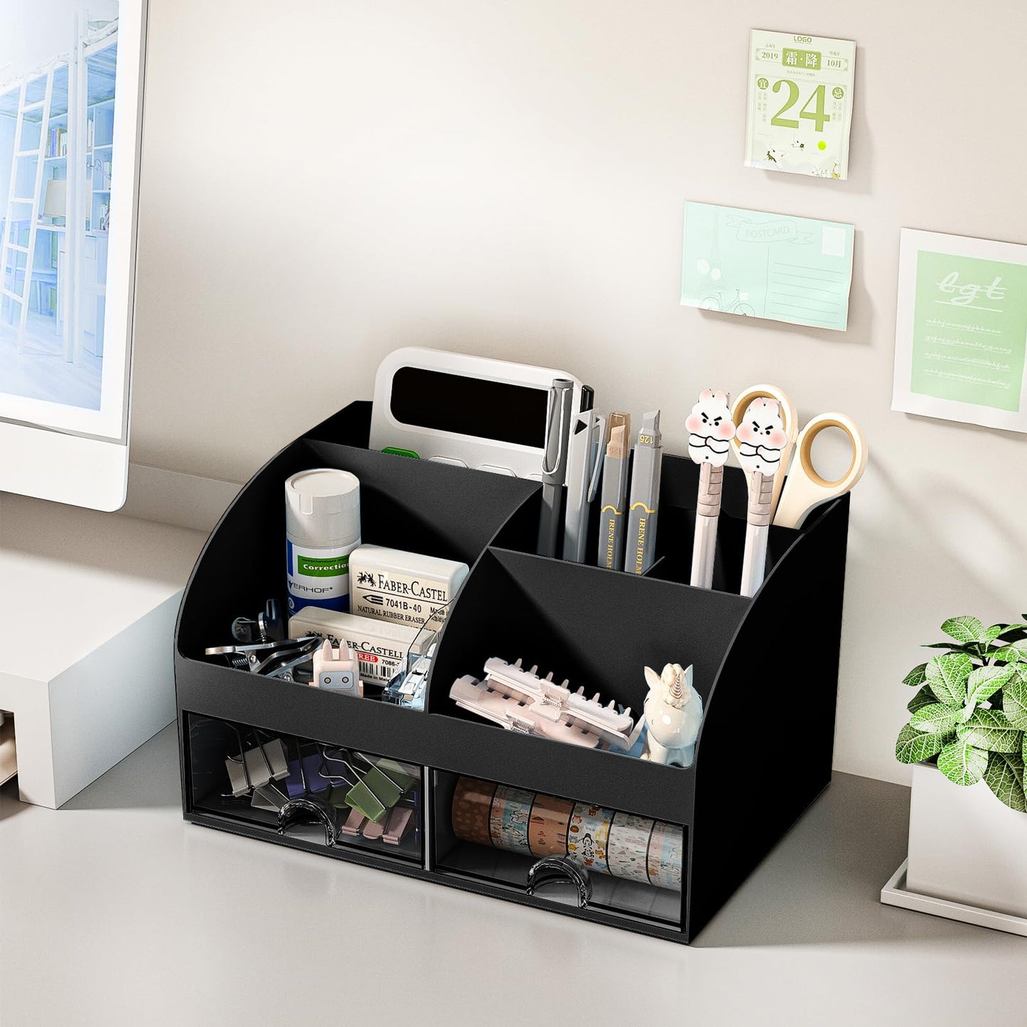 COMFYROOM Desk Organizer with 6 Compartments and 2 Drawers, Plastic Makeup Organizer, Pen Holder