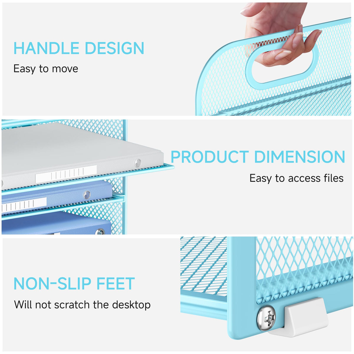 Lavatino 4-Tier Paper Organizer Trays - Blue Mesh File Folder Sorter with Handles, Desk Letter