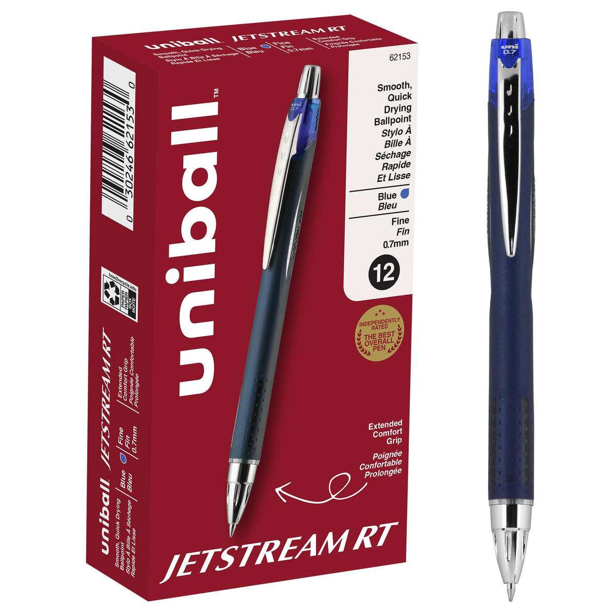uniball Jetstream RT Ballpoint Pens, Fine Point (0.7mm), Blue, 12 Pack