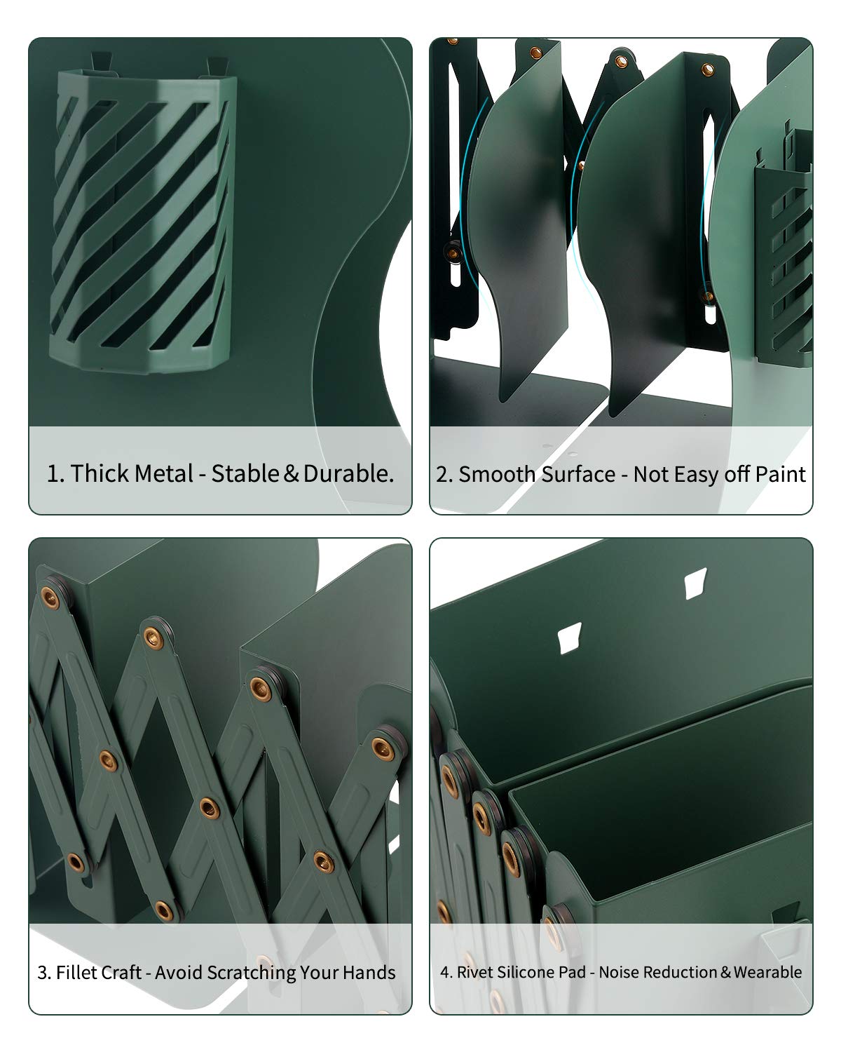 MSDADA Adjustable Bookends, Book Ends for Heavy Books, Expandable Book Organizer with Pen Holder