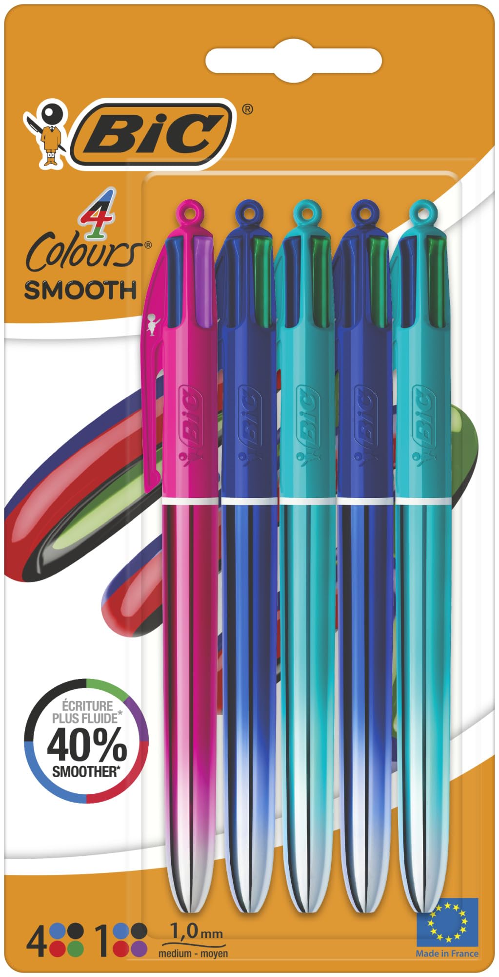 BIC 4 Colours Gradient Smooth Ink Retractable Multicoloured Ball Pen Pack of 5