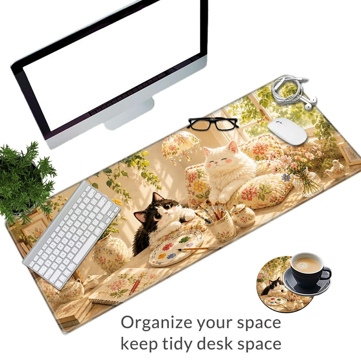 Floral Art Cats Large Mouse Pad, 31.5 x 11.8 in Extended Desk Mat