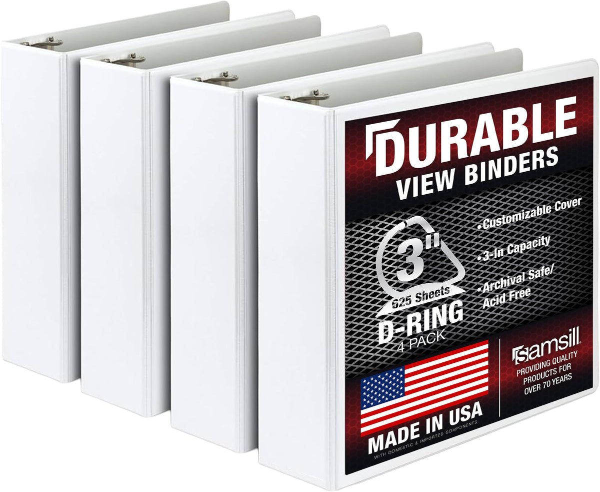 Samsill Durable 3 inch 3 Ring Binder, D Ring Binder, 100% Recycled Chipboard, White, 4 Pack