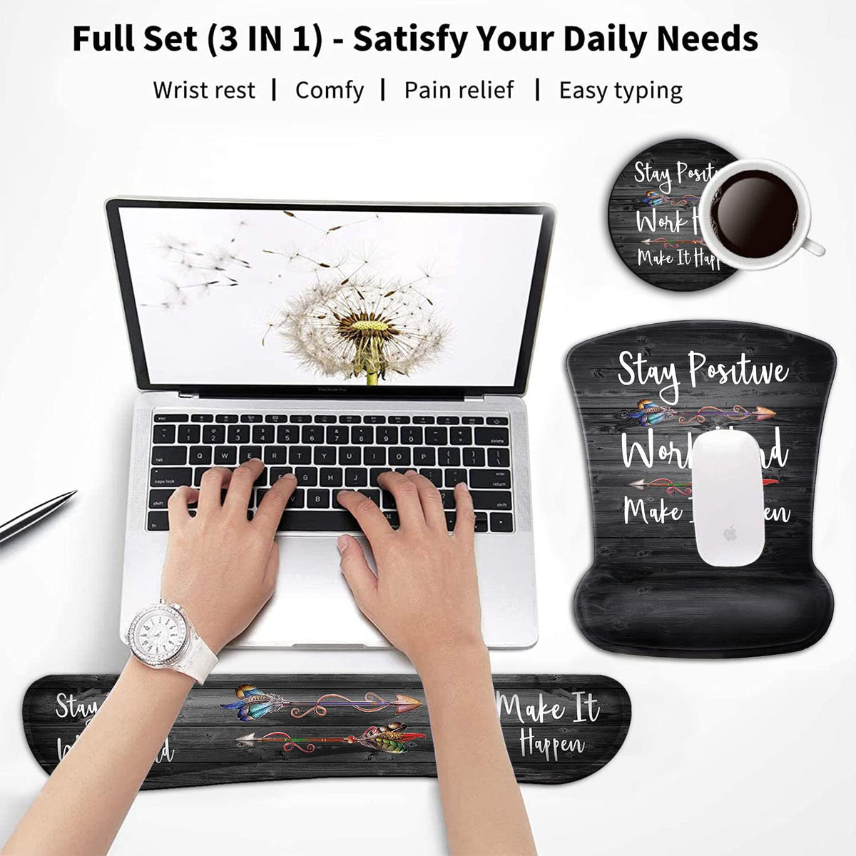Keyboard Wrist Rest and Mouse Pad Wrist Support Set,Stay Positive Work Hard and Make It Happen