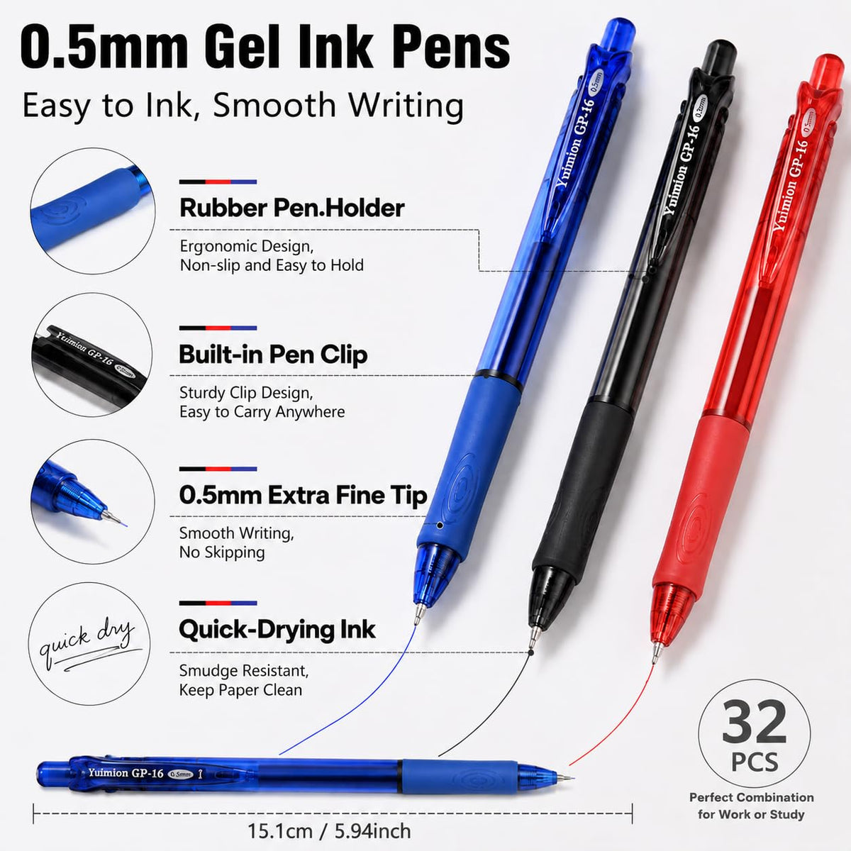 Yuimion 0.5mm Quick Dry Gel Pens, 16 Black 8 Red 8 Blue Fine Point,32 Pack