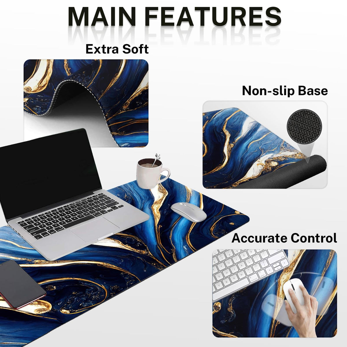 Britimes Keyboard Mouse Pad Set, 4 in 1 Desk Mat Set, Marble Blue