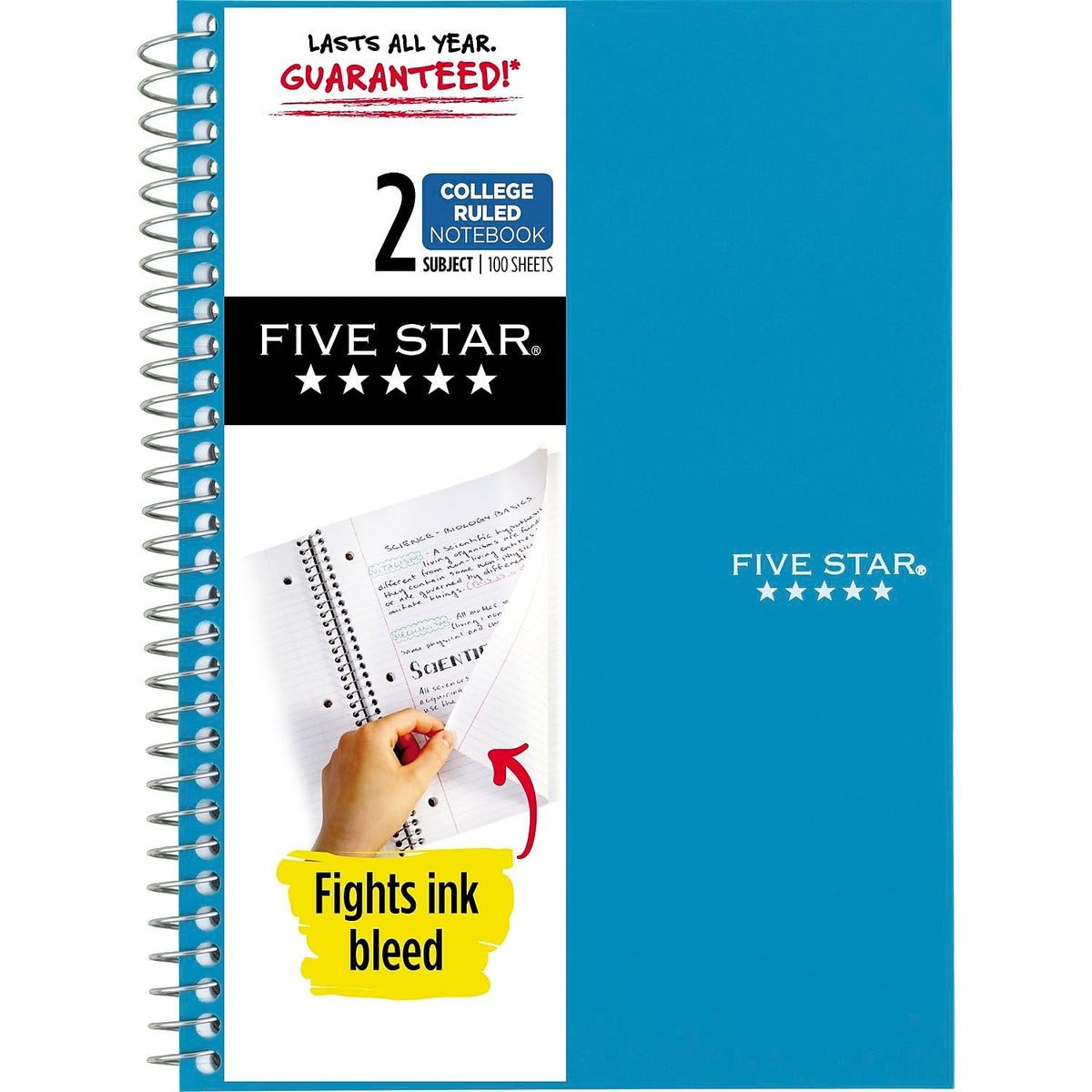 Five Star Spiral Notebook, 2 Subject, College Ruled Paper, 100 sheets, 9-1/2" x 6", Color Selected