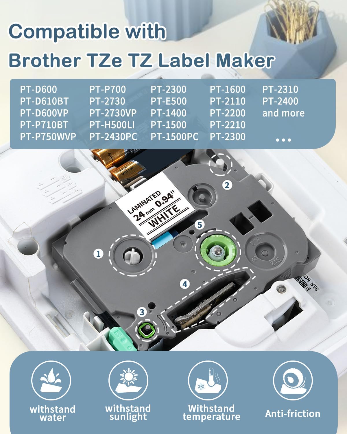 TZ Tape 24mm 0.94 Laminated White Replacement for P-Touch Label Tape