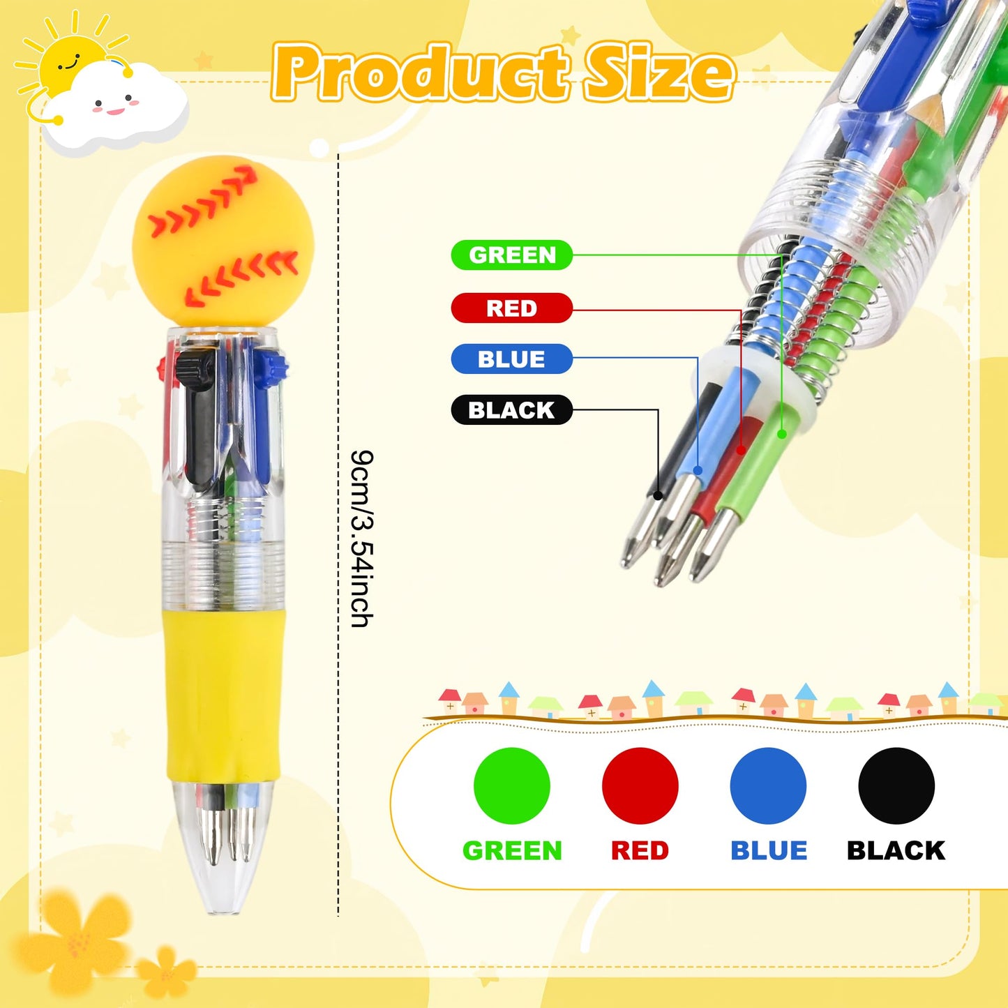 LiYiQ 50 Pcs Softball Party Favor Multicolor Pen in One Cartoon Cute Fun 4-in-1 Cute Pens Bulk